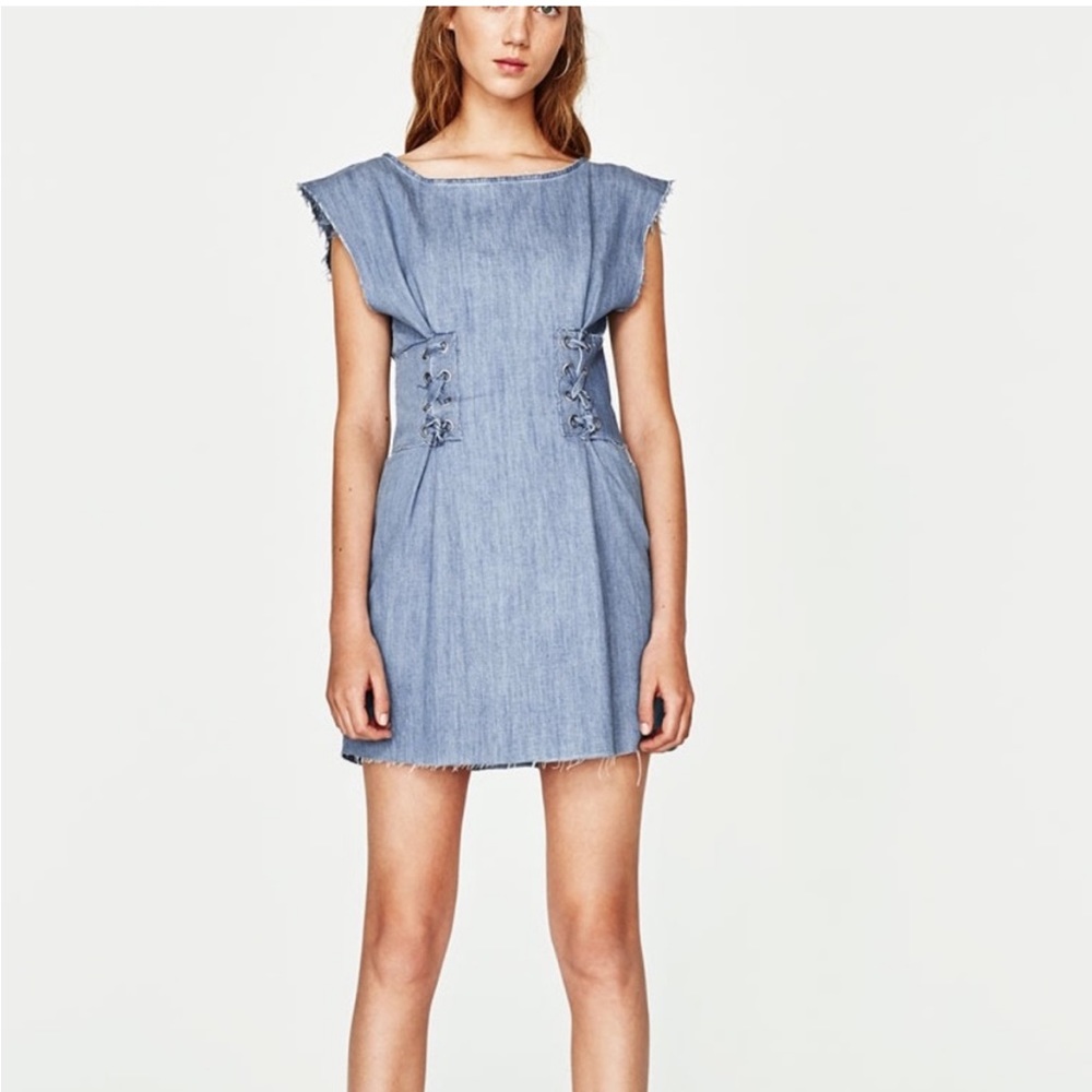 NWT Zara Denim Corset Lace Side Dress
